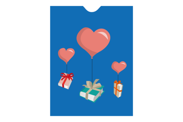 Drei Bücher hängen an Herzluftballons